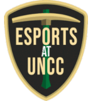 a logo for esports at uncc with a pickaxe in the center