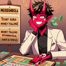 a cartoon of a devil sitting at a table in front of a sign that says museuabola