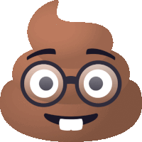 a cartoon illustration of a poop wearing glasses and a smile