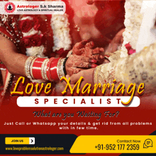 a poster for a love marriage specialist with a bride and groom holding hands