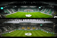 two pictures of a soccer stadium with a banner that says heineken on it