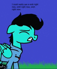 a cartoon of a blue pony standing in the grass with a quote on it .