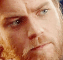 a close up of a man 's face with a beard and blue eyes looking at the camera .