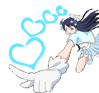 a girl in a white dress and white gloves is reaching out towards three blue hearts