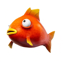 a cartoon fish with big eyes and a yellow beak is swimming in the water on a white background .