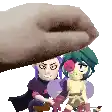 a pixel art of a hand holding a cartoon character .
