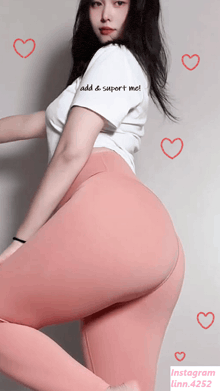a woman is wearing a white shirt that says add & support me