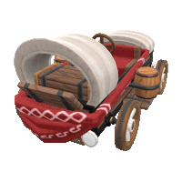 a red wagon with a white blanket on the back