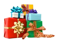 a stack of gift boxes with bows and ribbons on them