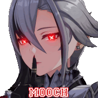 a close up of a girl with red eyes and the word mooch on the bottom right