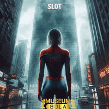 a woman in a spiderman costume stands in front of a building that says slot on it