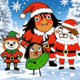 a group of cartoon characters dressed as santa claus and elves