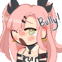 a cartoon girl with pink hair and horns is crying and saying `` bully '' .