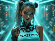 a woman wearing a shirt that says blazzord