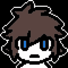 a pixel art drawing of a boy with brown hair and blue eyes .