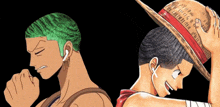 a man with a green hair and a man with a straw hat are standing next to each other