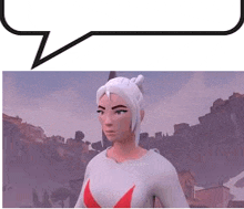 a woman with white hair is standing in front of a city with a speech bubble above her head .