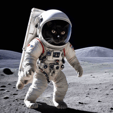 a black cat is dressed as an astronaut and walking on the moon