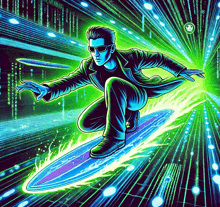 a man in sunglasses is riding a surfboard in a futuristic world