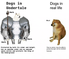 a picture of a dog wearing armor next to a picture of a dog with no armor