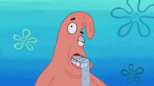 patrick star from spongebob squarepants is crying with a tear coming out of his nose .