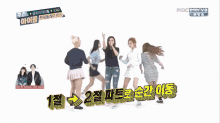 a group of women are dancing in front of a mbc evervo logo