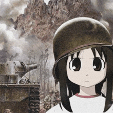 a cartoon girl wearing a helmet stands in front of a battle scene