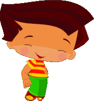 a cartoon boy with a red and yellow striped shirt and green pants