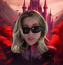 a woman wearing sunglasses is in front of a castle