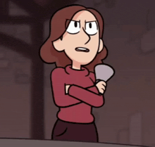 a cartoon of a woman with her arms crossed holding a makeup brush