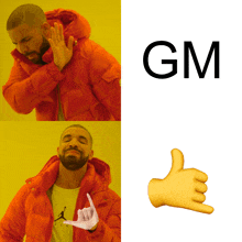 a man in an orange jacket giving a thumbs up next to a gm sign