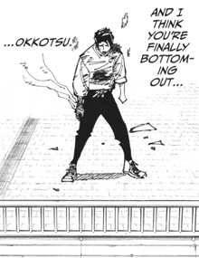 a black and white drawing of a man that says okkotsu