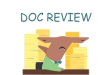 a dog is sitting at a desk with a stack of papers behind him and the words doc review above it