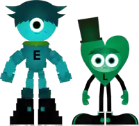 a blue robot with the letter e on his chest