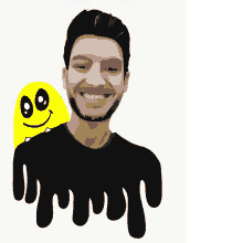 a man with a black shirt and a yellow smiley face