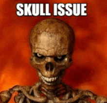 a skeleton is standing in front of a fire with the words skull issue written above it .