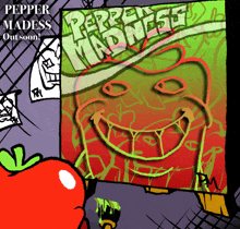 an advertisement for pepper madness shows a cartoon tomato