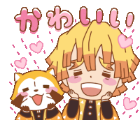 a cartoon drawing of a boy and a raccoon with hearts around them and the words " かわいい "