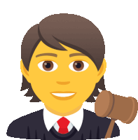 a judge with a yellow face is smiling and holding a wooden gavel