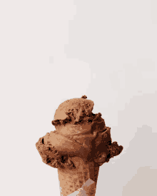 a close up of a chocolate ice cream cone with a white background