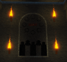 a group of people are standing in front of a wall with candles hanging from it