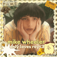 a picture of mike wheeler with the words time mike wheeler only loves roy < 3