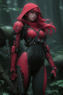 a woman with red hair is holding a gun in her hand