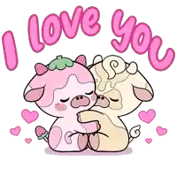 a cartoon of two cows hugging each other with the words i love you above them