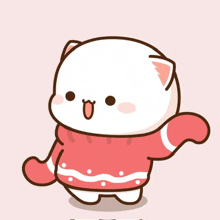 a cartoon cat is wearing a red sweater and waving its paw .