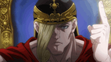 a man wearing a crown and a red cape holds up his finger