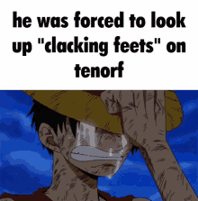 a man in a straw hat is crying with the caption he was forced to look up " clacking feet " on tenor