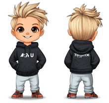 a cartoon of a boy wearing a hoodie that says #nu on it