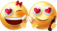 two smiley faces with hearts in their eyes holding wine glasses