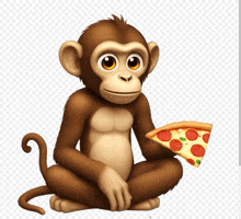 a monkey is holding a slice of pizza with pepperoni on it